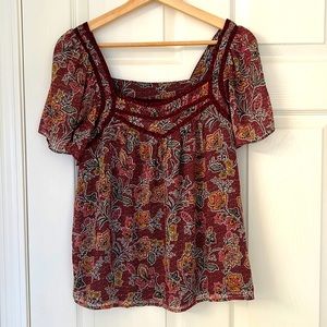 LOFT Floral Shirred Square Neck Top- Size S